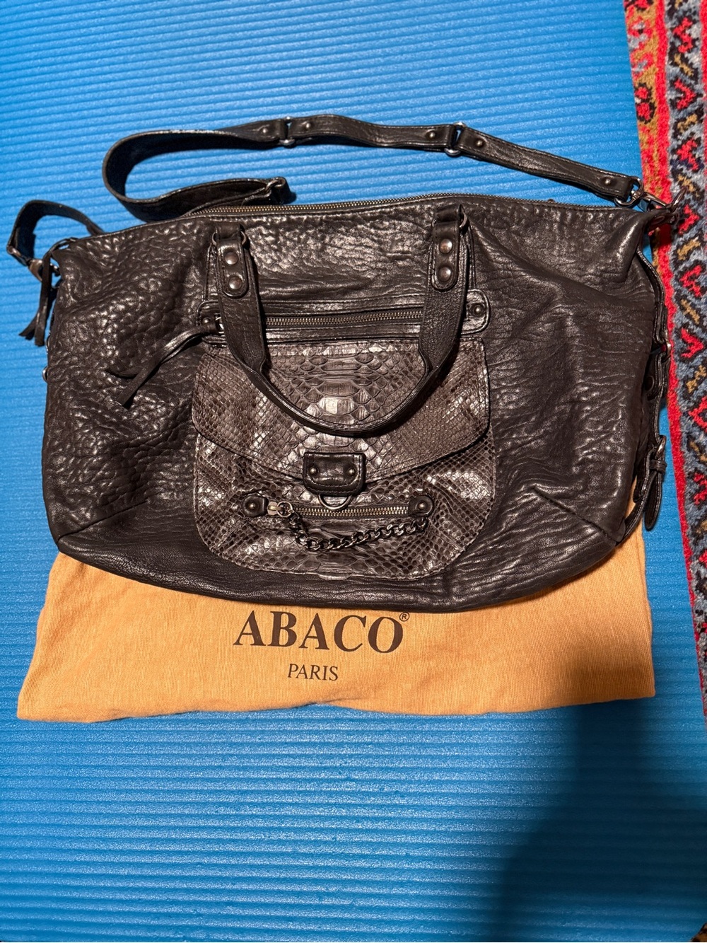 ABACO Paris Black Textured Leather Crossbody Tote with Front Pocket